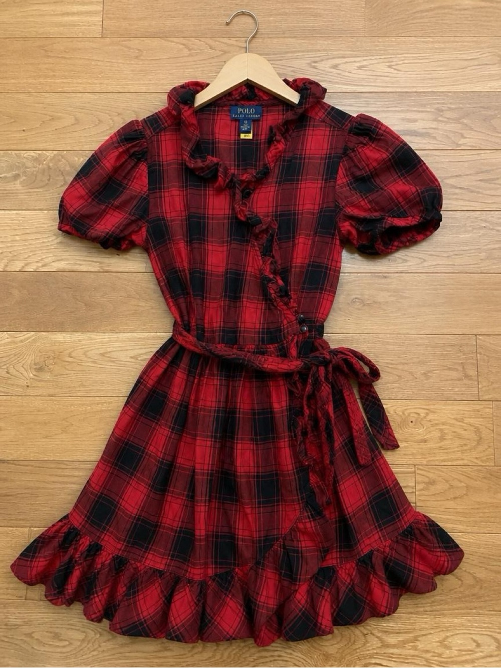 Polo Ralph Lauren Girls 10 Red Black Plaid Ruffle Puff Sleeve Dress